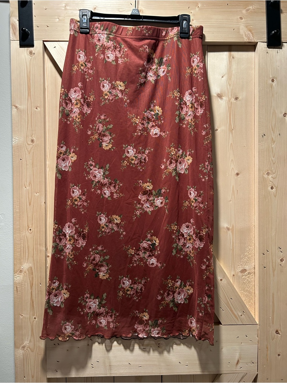 SHEIN Rust Floral Midi Skirt with Pink Rose Print